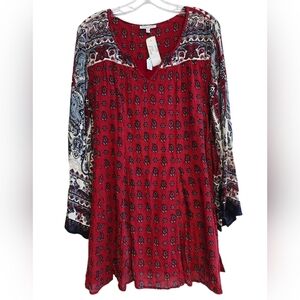 Patrons of Peace Red Paisley Print Bell Sleeve Dress Size Small